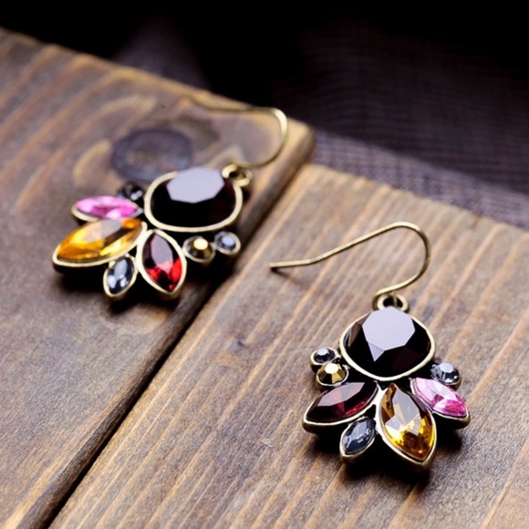 Antiqued Gold Ruby & Accent Crystals Drop Earrings - Picture 3 of 8